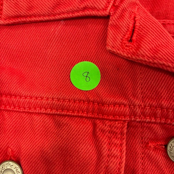 Free People Red Denim Jacket Women Large Cropped Trucker Style Button Up - Picture 8 of 8